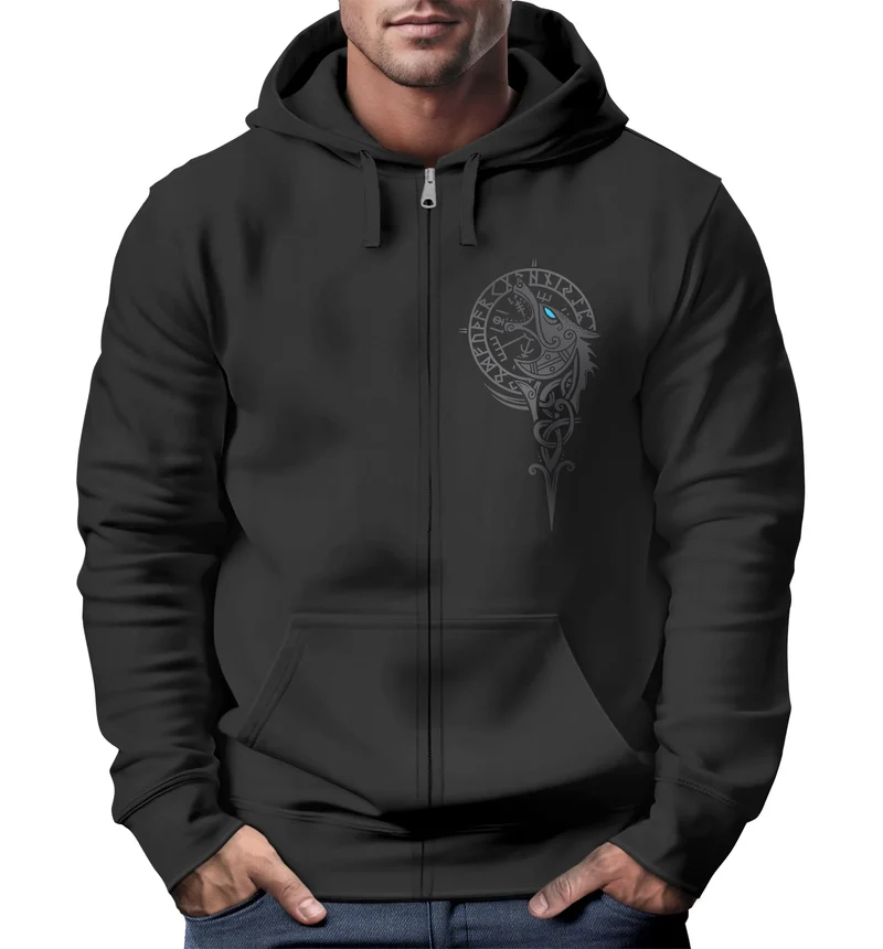 Sweatjacke Herren mit Kapuze Fenrir Nordische Mythologie Wikinger Print Zipjacke Männer