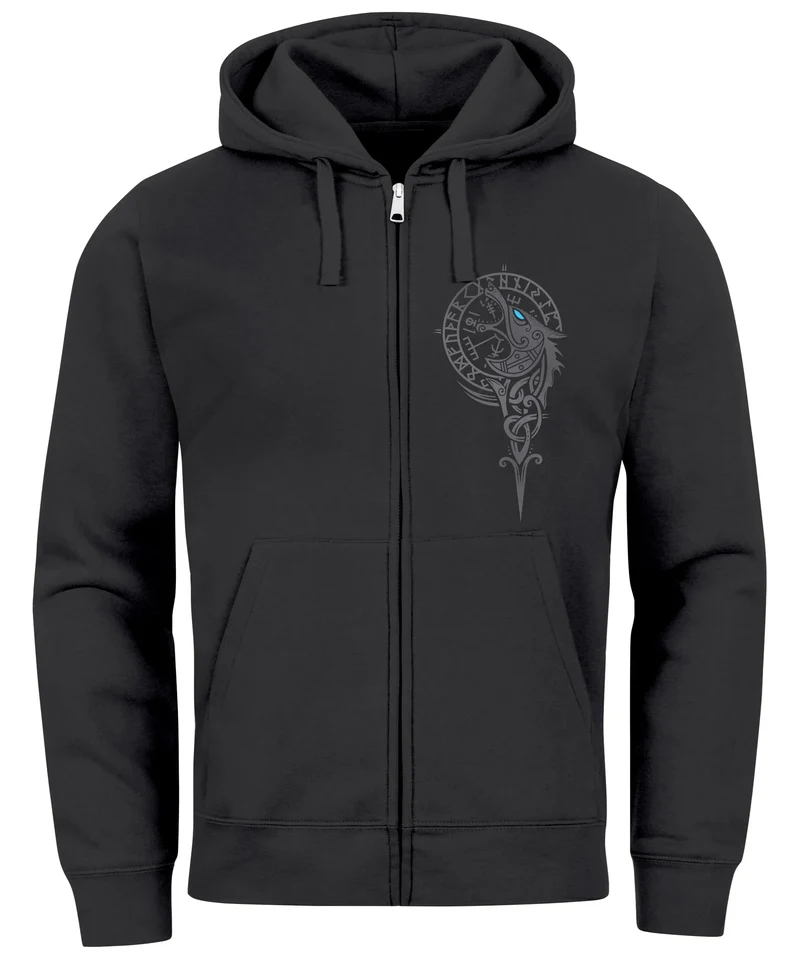 Sweatjacke Herren mit Kapuze Fenrir Nordische Mythologie Wikinger Print Zipjacke Männer