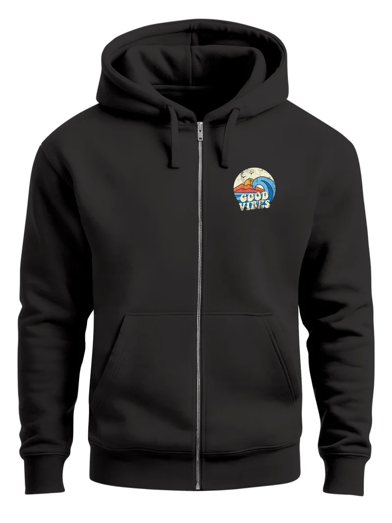 Herren Zip Hoodie Sweatjacke mit Kapuze Logo-Print Good Vibes Aufdruck Welle Retro Motiv Männer Fashion Streetstyle