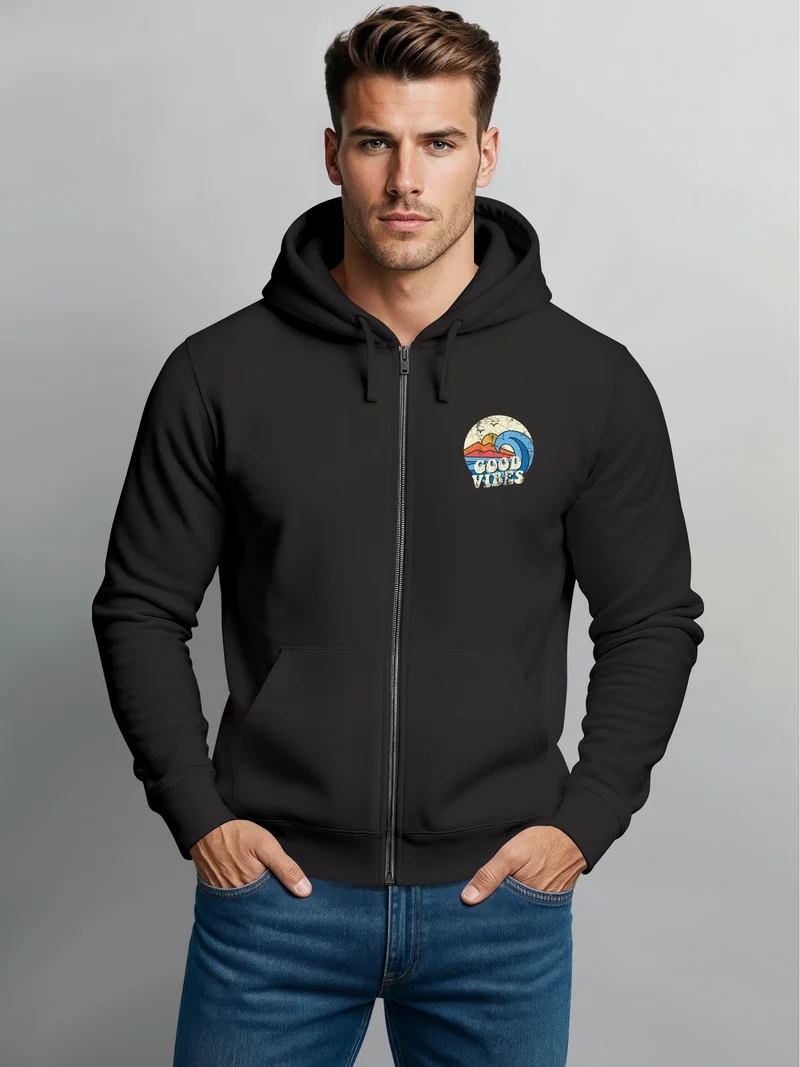 Herren Zip Hoodie Sweatjacke mit Kapuze Logo-Print Good Vibes Aufdruck Welle Retro Motiv Männer Fashion Streetstyle