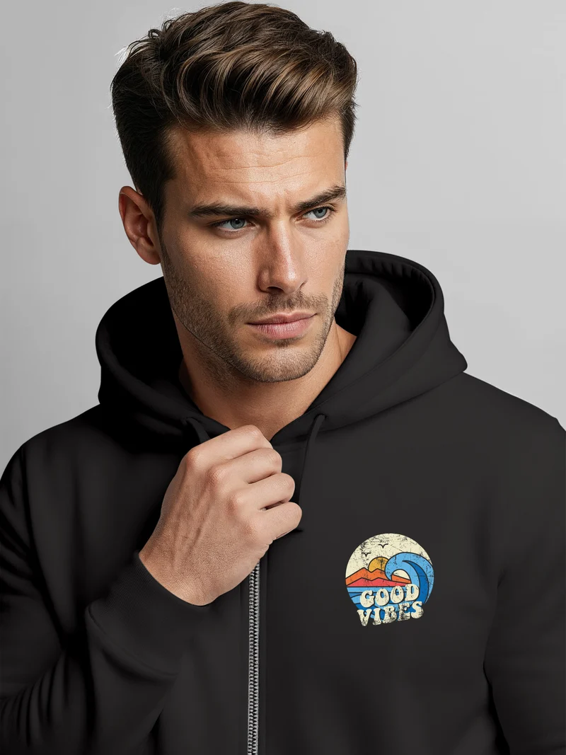 Herren Zip Hoodie Sweatjacke mit Kapuze Logo-Print Good Vibes Aufdruck Welle Retro Motiv Männer Fashion Streetstyle