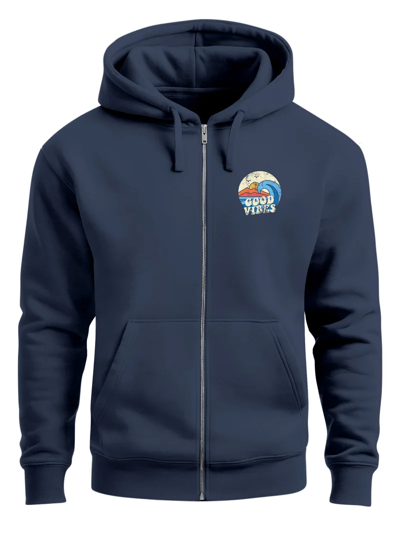 Herren Zip Hoodie Sweatjacke mit Kapuze Logo-Print Good Vibes Aufdruck Welle Retro Motiv Männer Fashion Streetstyle