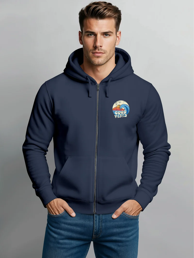 Herren Zip Hoodie Sweatjacke mit Kapuze Logo-Print Good Vibes Aufdruck Welle Retro Motiv Männer Fashion Streetstyle