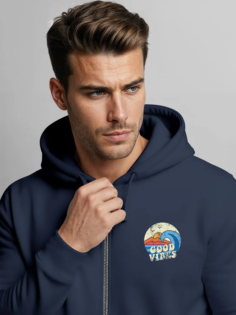 Herren Zip Hoodie Sweatjacke mit Kapuze Logo-Print Good Vibes Aufdruck Welle Retro Motiv Männer Fashion Streetstyle