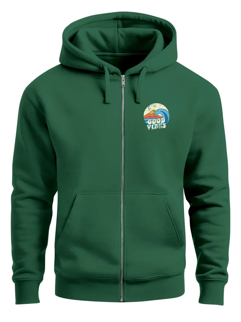 Herren Zip Hoodie Sweatjacke mit Kapuze Logo-Print Good Vibes Aufdruck Welle Retro Motiv Männer Fashion Streetstyle