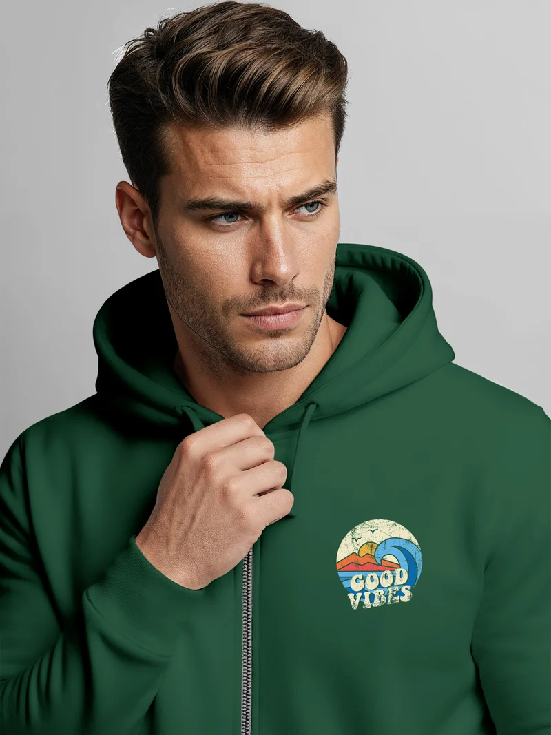 Herren Zip Hoodie Sweatjacke mit Kapuze Logo-Print Good Vibes Aufdruck Welle Retro Motiv Männer Fashion Streetstyle