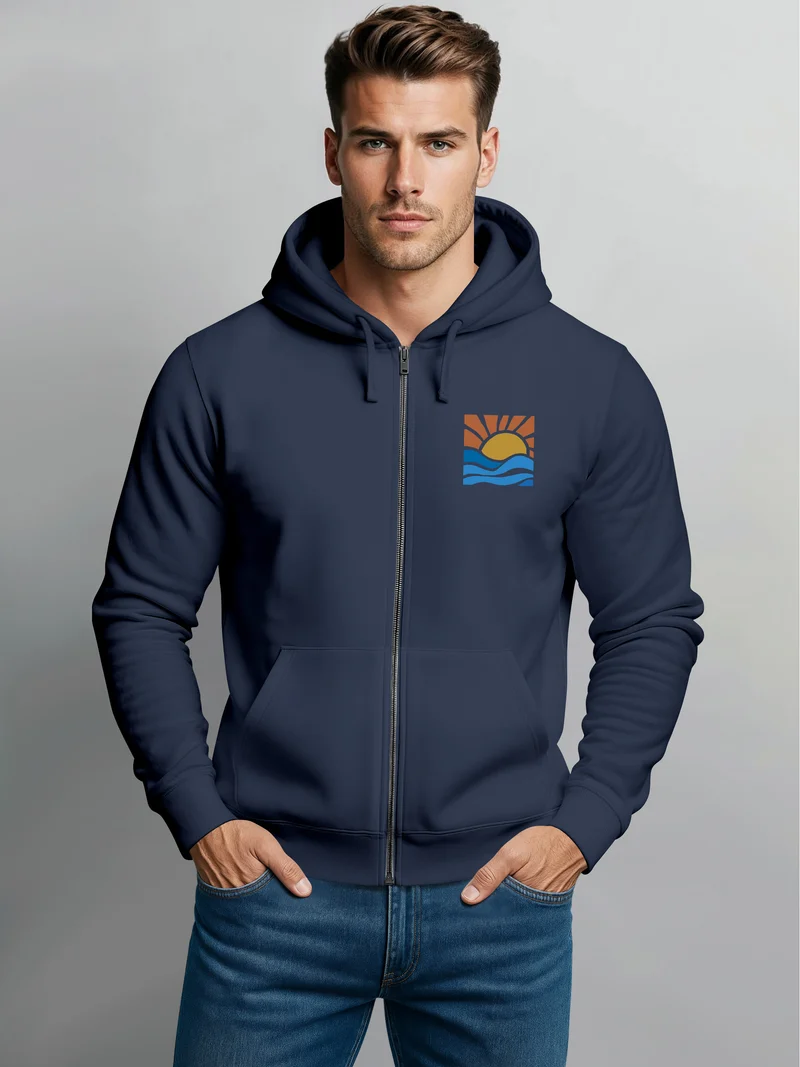 Sweatjacke Herren Zip Hoodie Pullover Kapuze Logo Print Sommer Sonne Welle Strand Meer Fashion Streetstyle