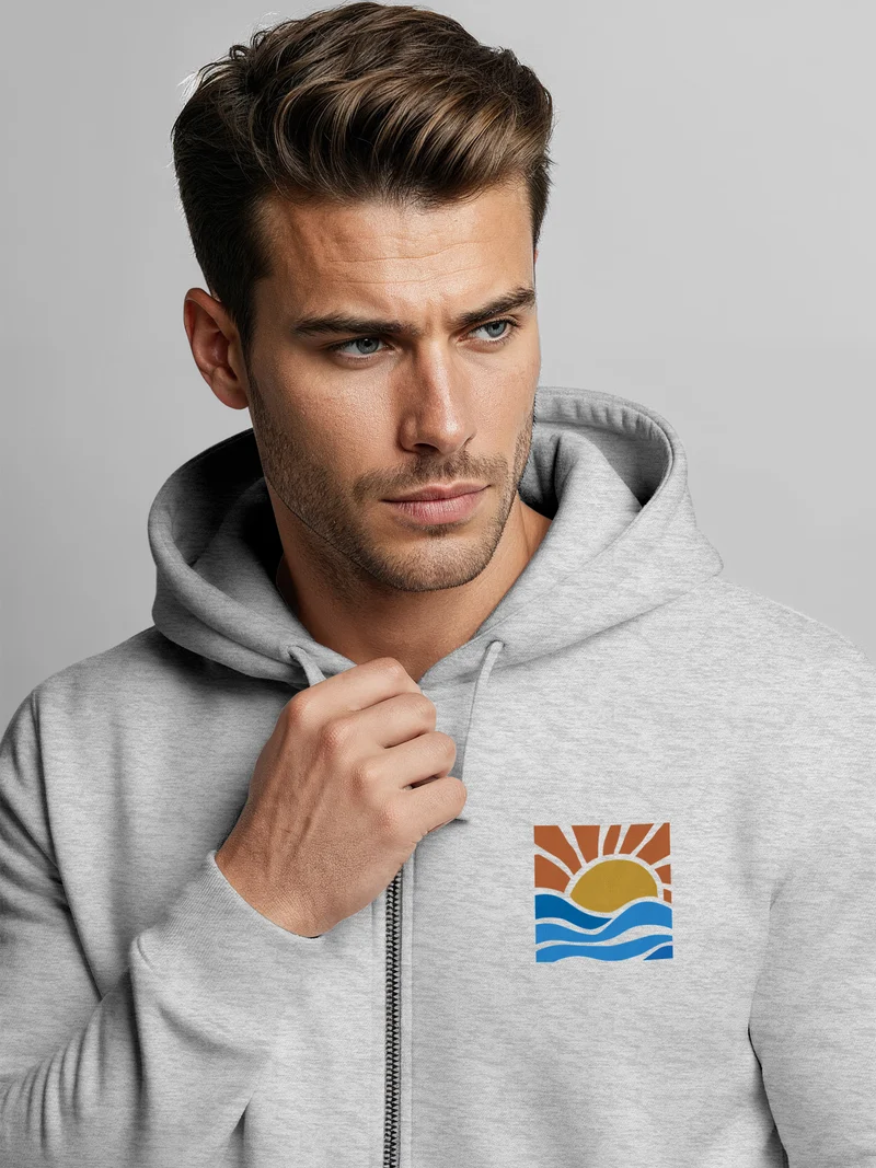 Sweatjacke Herren Zip Hoodie Pullover Kapuze Logo Print Sommer Sonne Welle Strand Meer Fashion Streetstyle