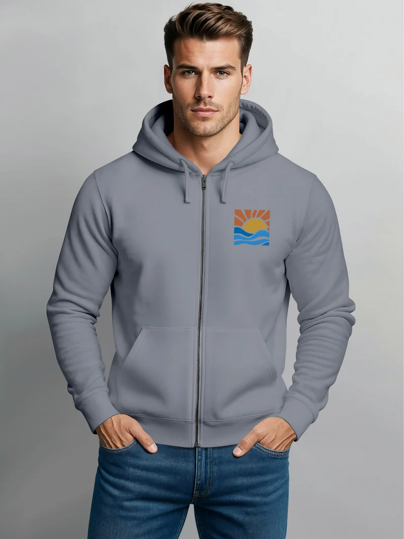 Sweatjacke Herren Zip Hoodie Pullover Kapuze Logo Print Sommer Sonne Welle Strand Meer Fashion Streetstyle