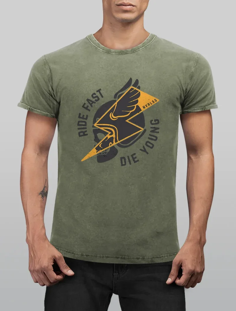 Herren T-Shirt Vintage Shirt Printshirt Rocker Biker Spruch Motiv Ride fast die young Flash Blitz Totenkopf Skull Helm Used Look Slim Fit