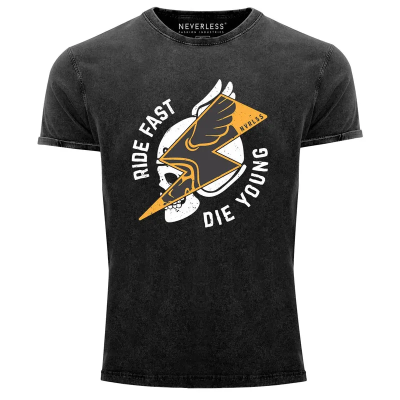Herren T-Shirt Vintage Shirt Printshirt Rocker Biker Spruch Motiv Ride fast die young Flash Blitz Totenkopf Skull Helm Used Look Slim Fit