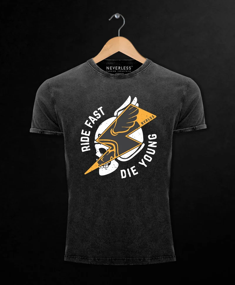 Herren T-Shirt Vintage Shirt Printshirt Rocker Biker Spruch Motiv Ride fast die young Flash Blitz Totenkopf Skull Helm Used Look Slim Fit