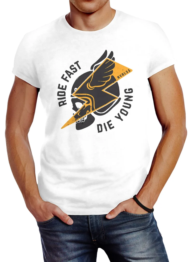 Herren T-Shirt Rocker Biker Motiv Spruch Ride Fast Die Young Flash Blitz Skull Helm Slim Fit