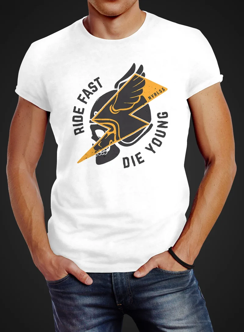 Herren T-Shirt Rocker Biker Motiv Spruch Ride Fast Die Young Flash Blitz Skull Helm Slim Fit