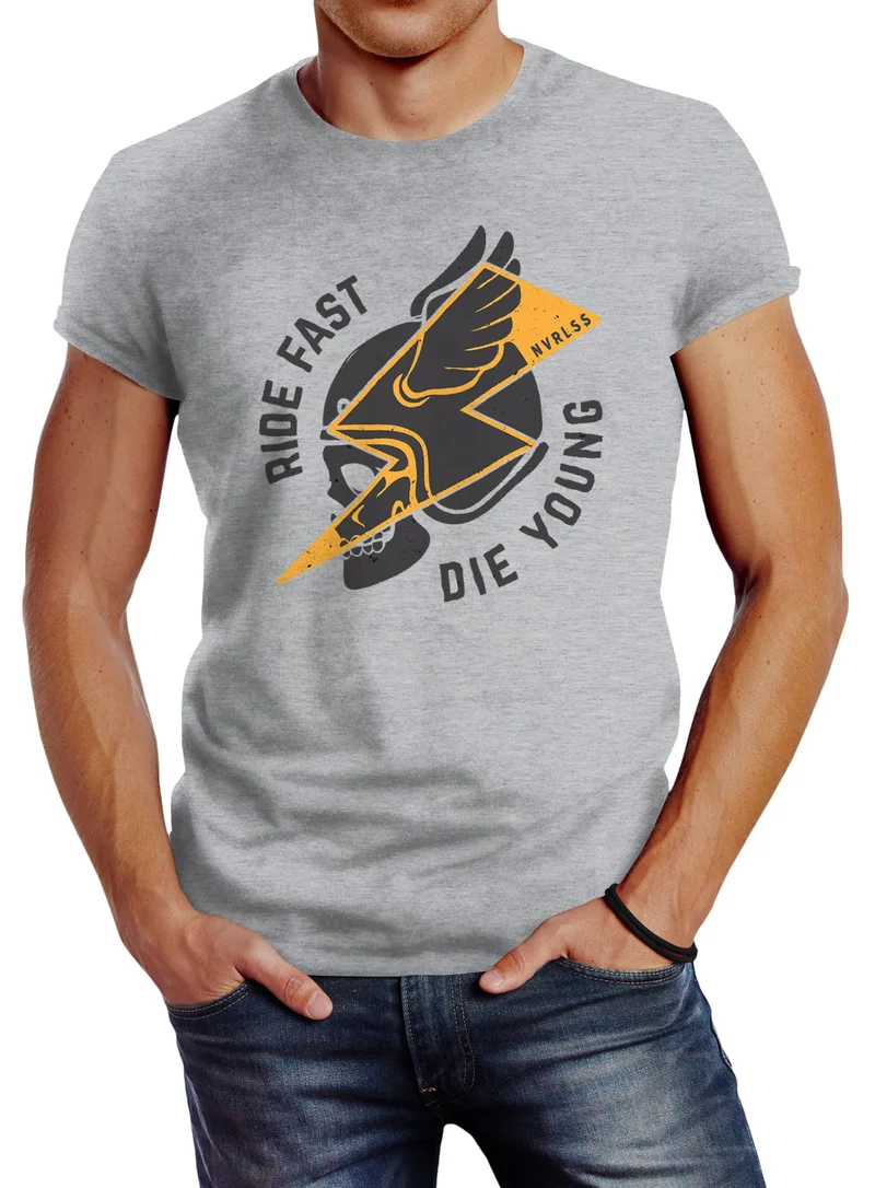 Herren T-Shirt Rocker Biker Motiv Spruch Ride Fast Die Young Flash Blitz Skull Helm Slim Fit