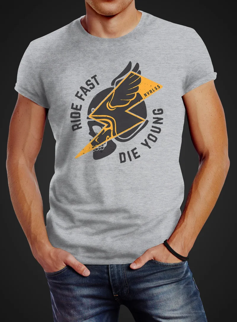 Herren T-Shirt Rocker Biker Motiv Spruch Ride Fast Die Young Flash Blitz Skull Helm Slim Fit