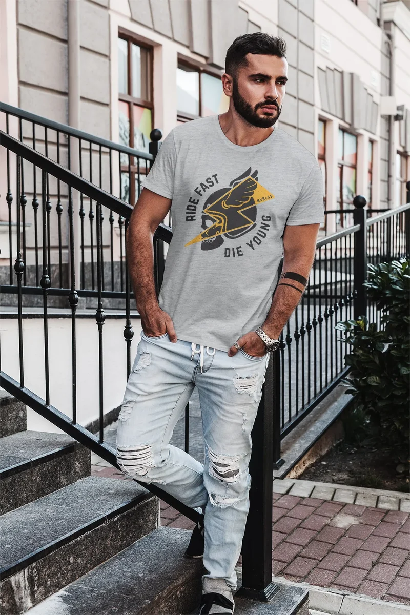 Herren T-Shirt Rocker Biker Motiv Spruch Ride Fast Die Young Flash Blitz Skull Helm Slim Fit