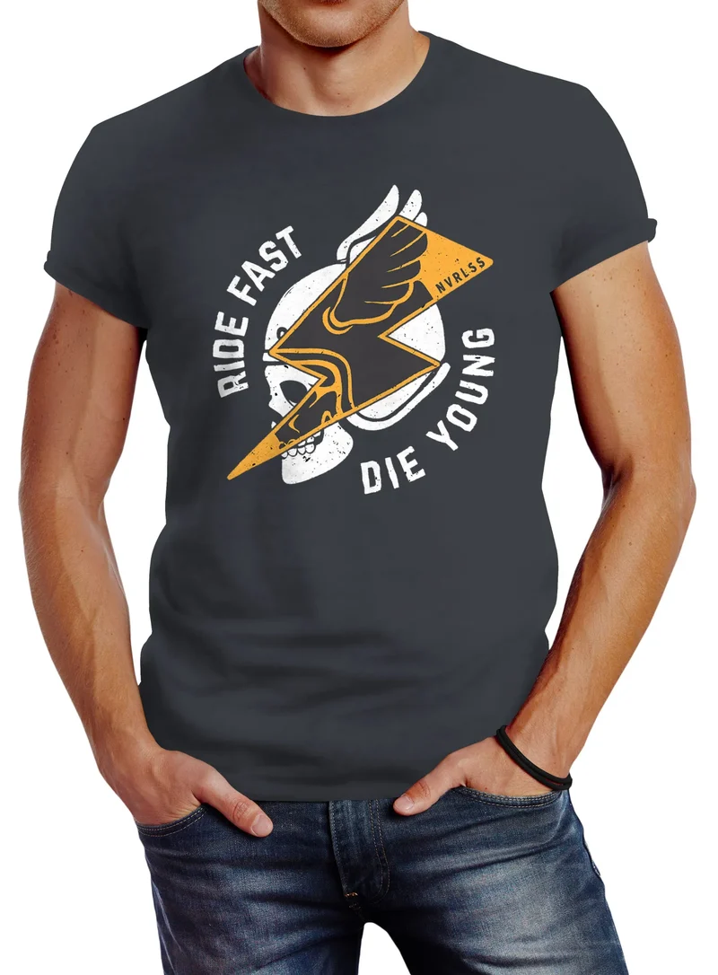 Herren T-Shirt Rocker Biker Motiv Spruch Ride Fast Die Young Flash Blitz Skull Helm Slim Fit