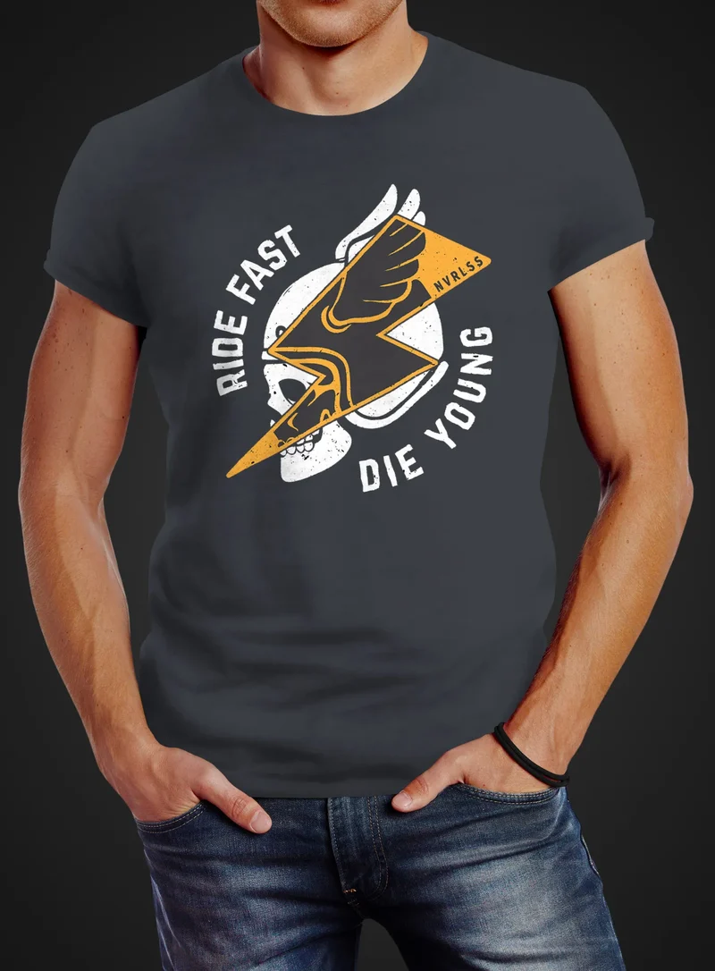 Herren T-Shirt Rocker Biker Motiv Spruch Ride Fast Die Young Flash Blitz Skull Helm Slim Fit