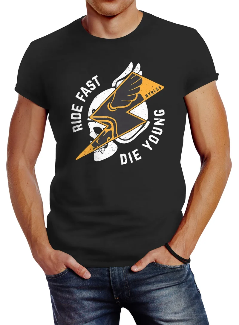 Herren T-Shirt Rocker Biker Motiv Spruch Ride Fast Die Young Flash Blitz Skull Helm Slim Fit