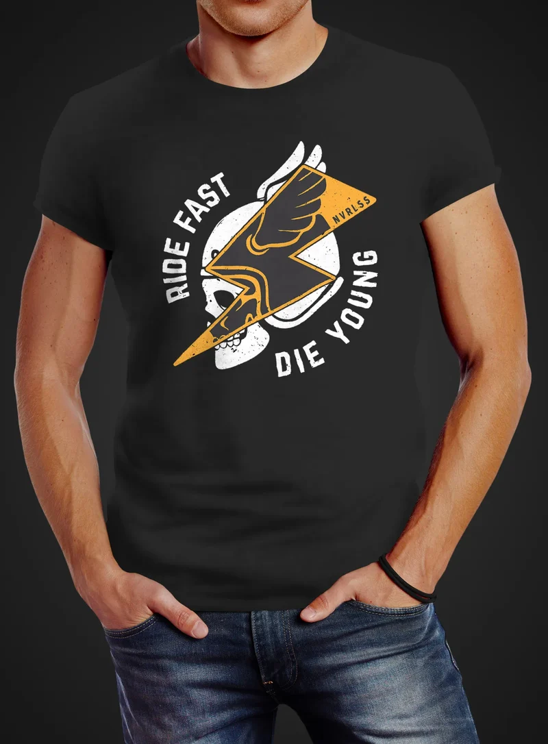 Herren T-Shirt Rocker Biker Motiv Spruch Ride Fast Die Young Flash Blitz Skull Helm Slim Fit