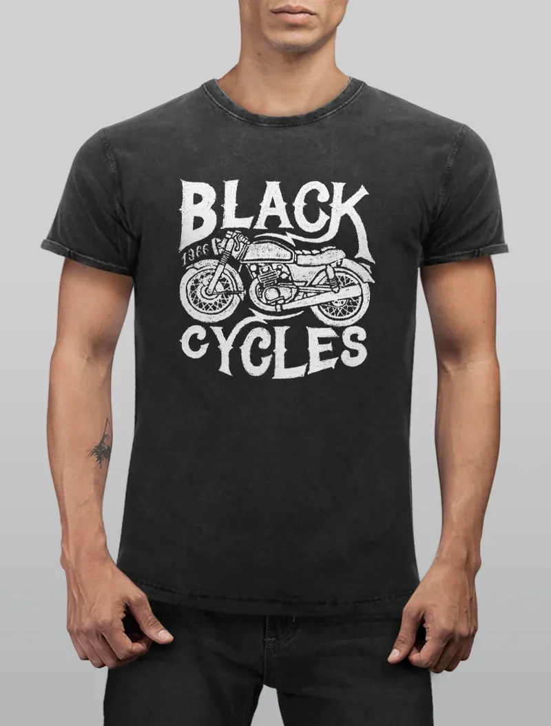 Herren T-Shirt Vintage Washed Motorrad Biker Retro Slim Fit