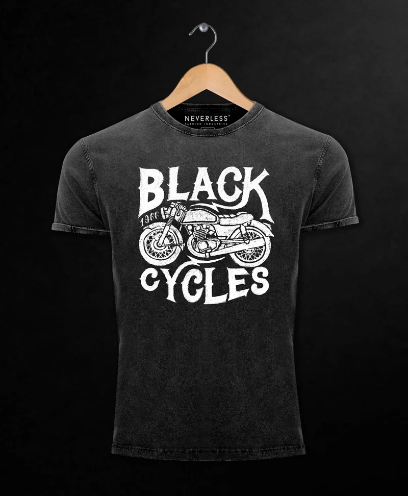 Herren T-Shirt Vintage Washed Motorrad Biker Retro Slim Fit