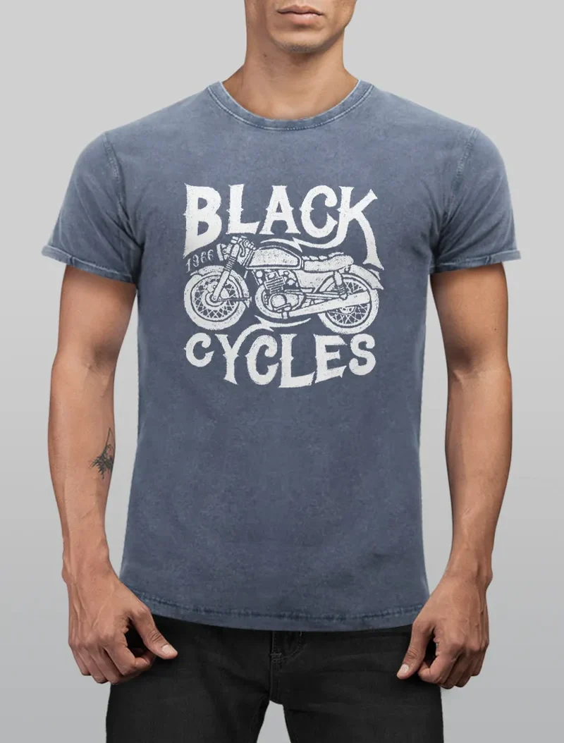 Herren T-Shirt Vintage Washed Motorrad Biker Retro Slim Fit