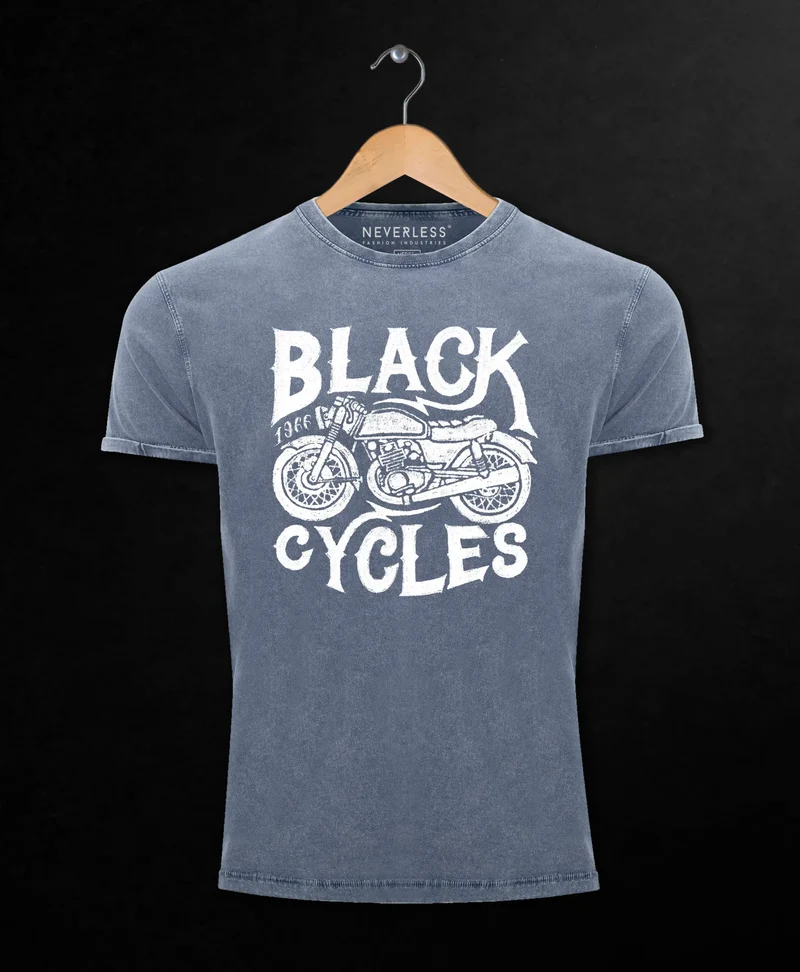 Herren T-Shirt Vintage Washed Motorrad Biker Retro Slim Fit
