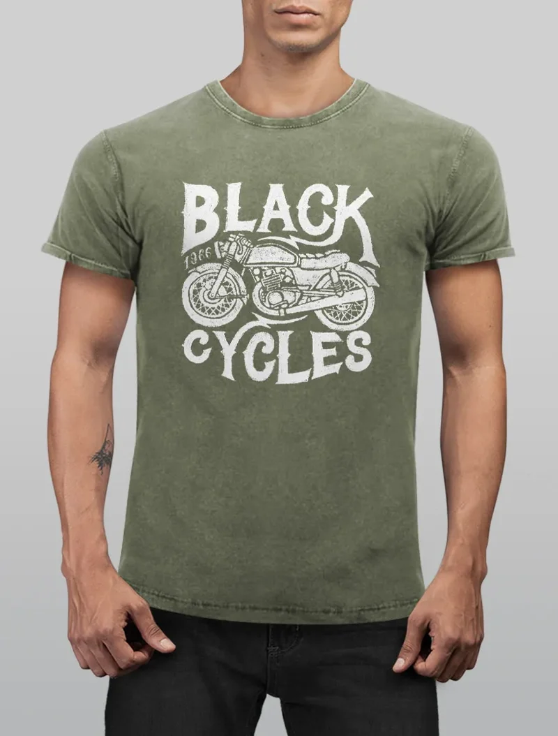 Herren T-Shirt Vintage Washed Motorrad Biker Retro Slim Fit