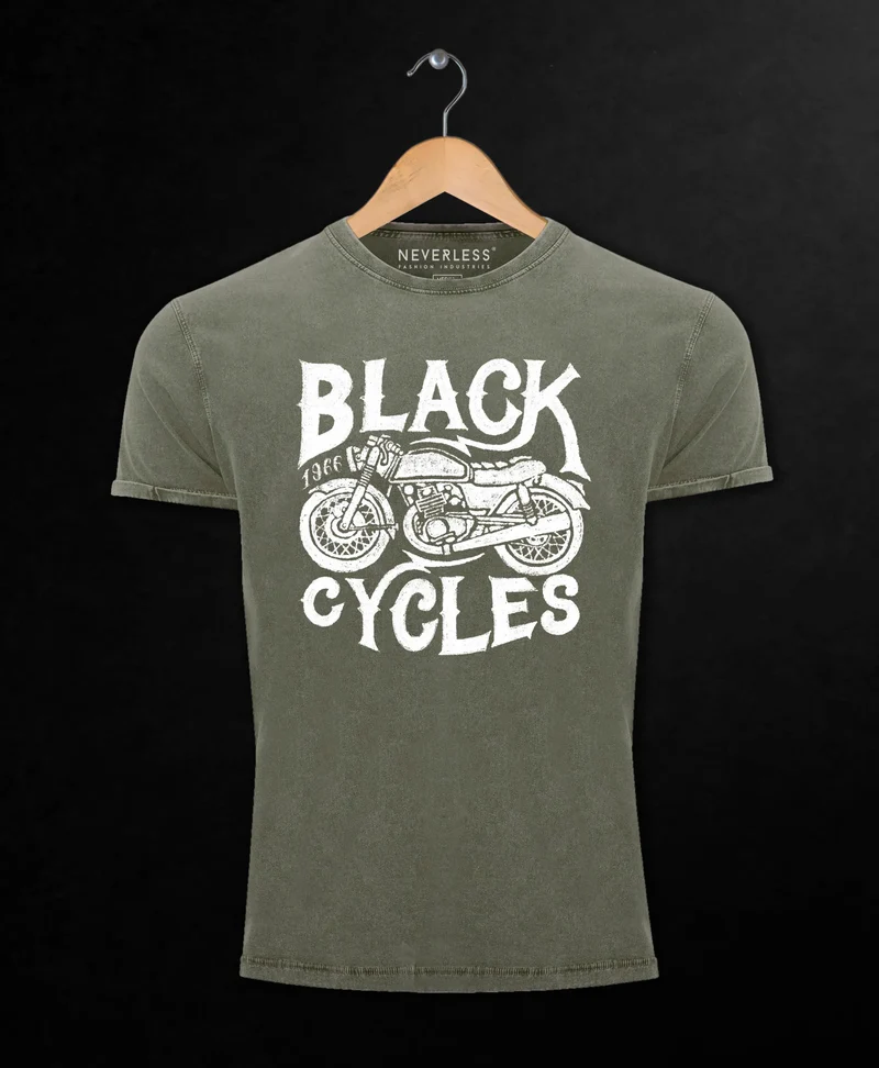 Herren T-Shirt Vintage Washed Motorrad Biker Retro Slim Fit