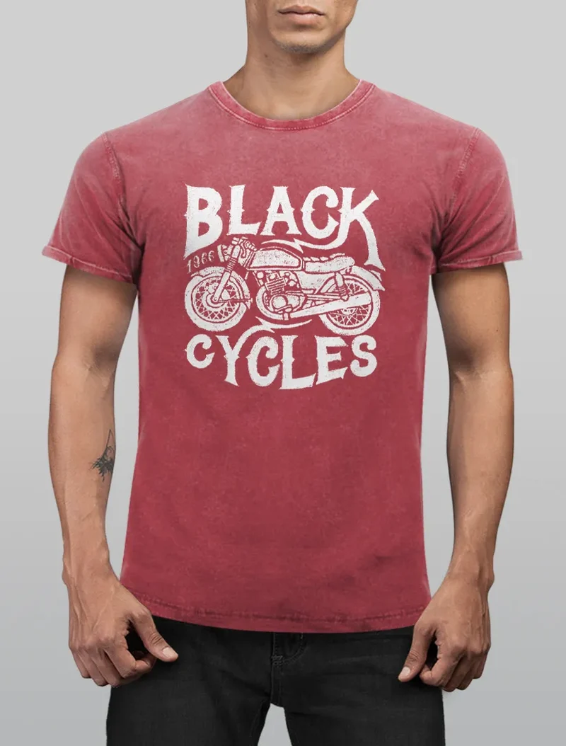 Herren T-Shirt Vintage Washed Motorrad Biker Retro Slim Fit