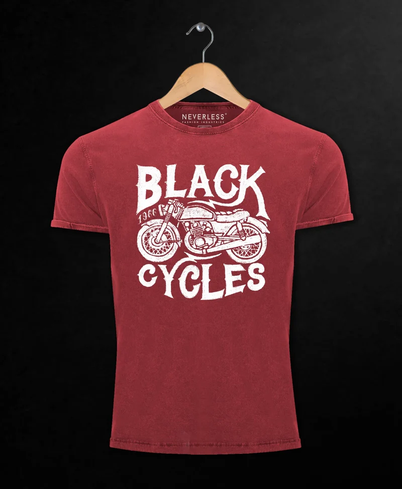 Herren T-Shirt Vintage Washed Motorrad Biker Retro Slim Fit