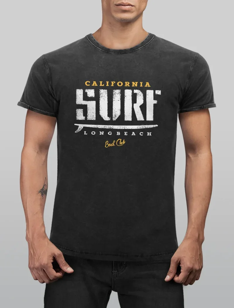 Cooles Angesagtes Herren T-Shirt Vintage Shirt California Surf Aufdruck Used Look Slim Fit