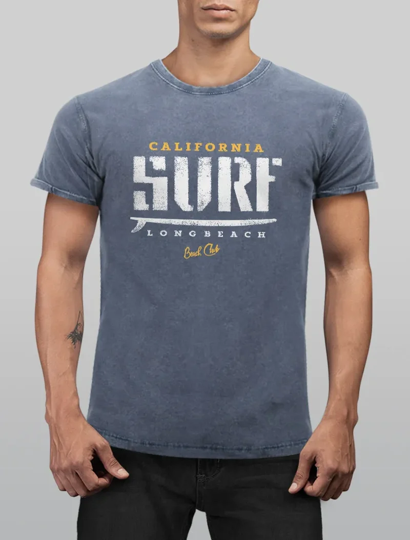 Cooles Angesagtes Herren T-Shirt Vintage Shirt California Surf Aufdruck Used Look Slim Fit
