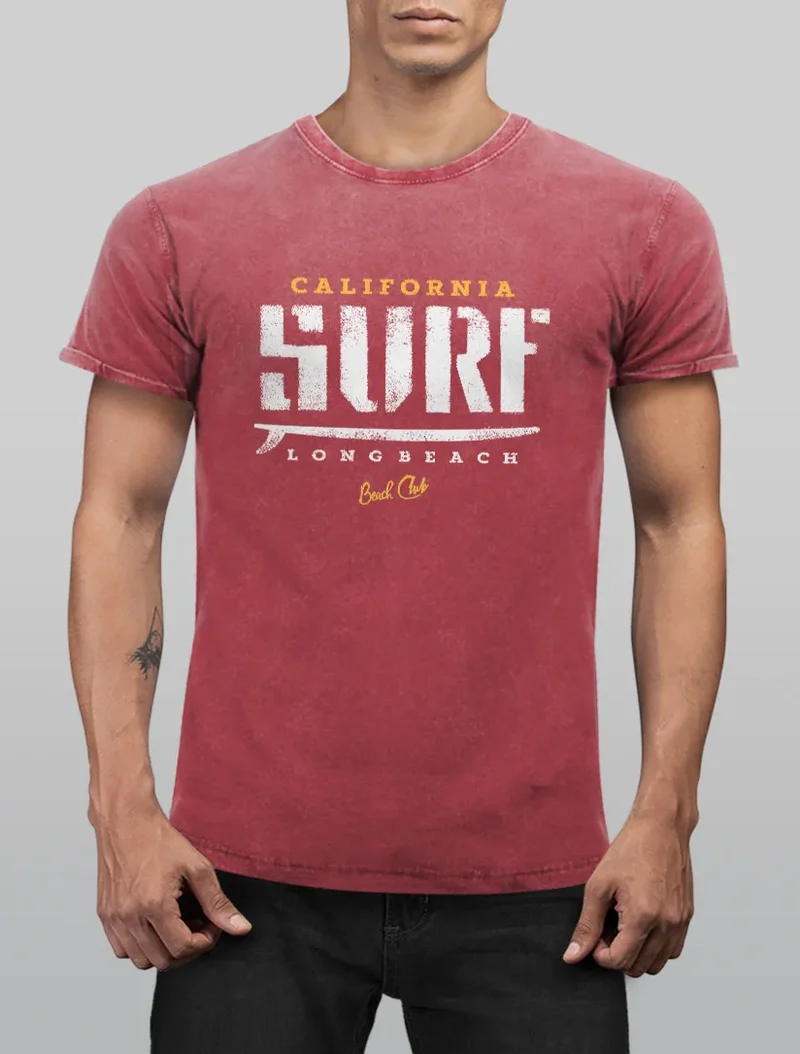 Cooles Angesagtes Herren T-Shirt Vintage Shirt California Surf Aufdruck Used Look Slim Fit