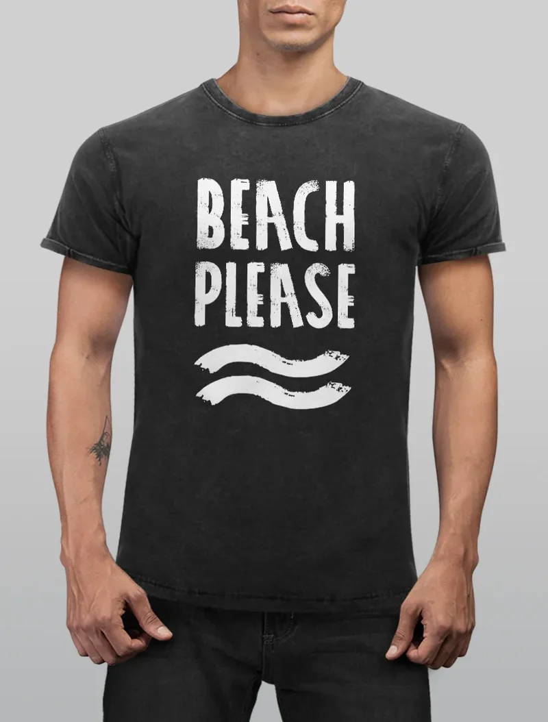 Cooles Angesagtes Herren T-Shirt Vintage Shirt Beach Please Urlaub Strand Aufdruck Used Look Slim Fit