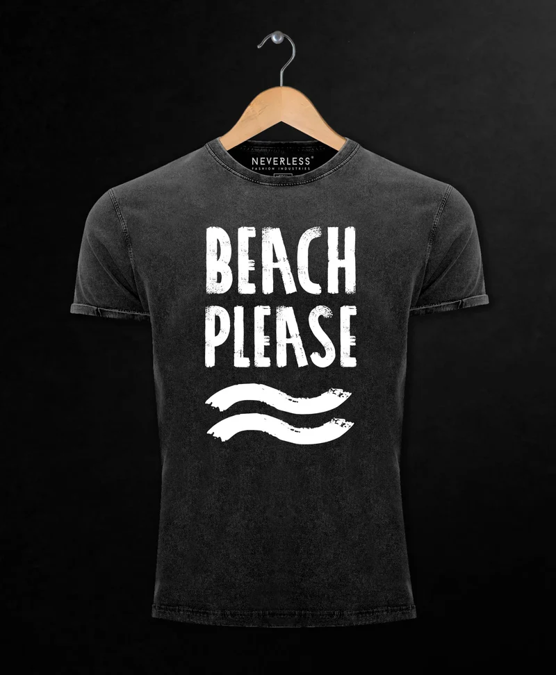 Cooles Angesagtes Herren T-Shirt Vintage Shirt Beach Please Urlaub Strand Aufdruck Used Look Slim Fit