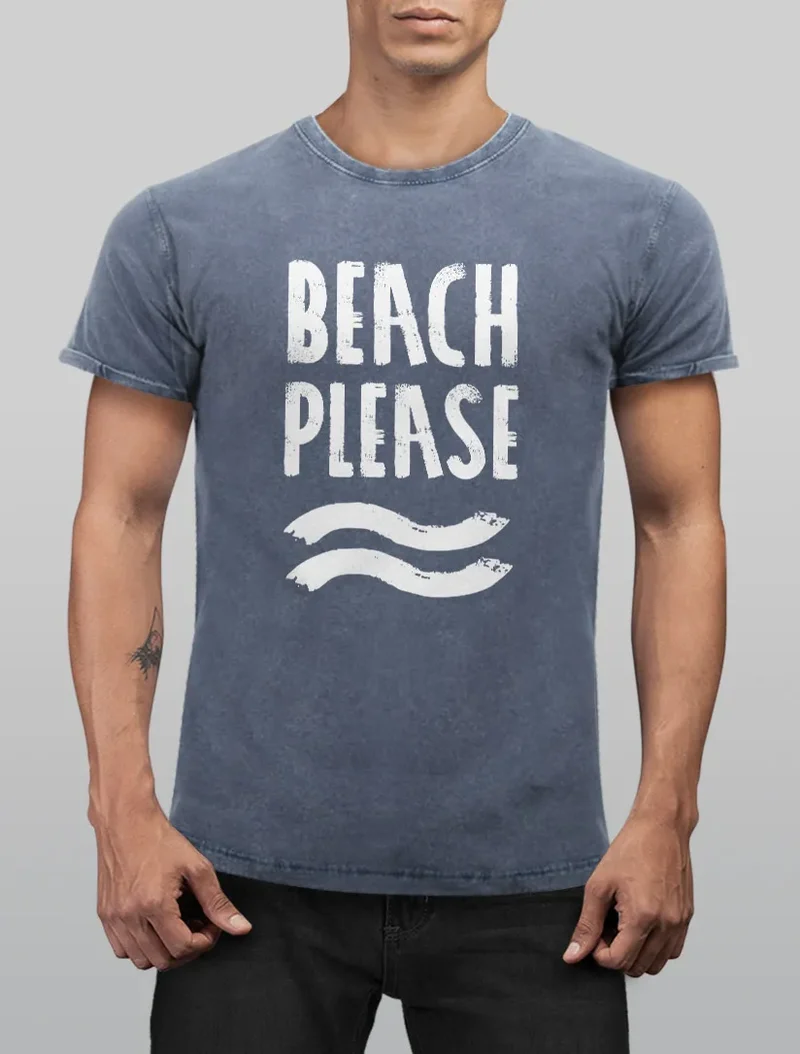 Cooles Angesagtes Herren T-Shirt Vintage Shirt Beach Please Urlaub Strand Aufdruck Used Look Slim Fit