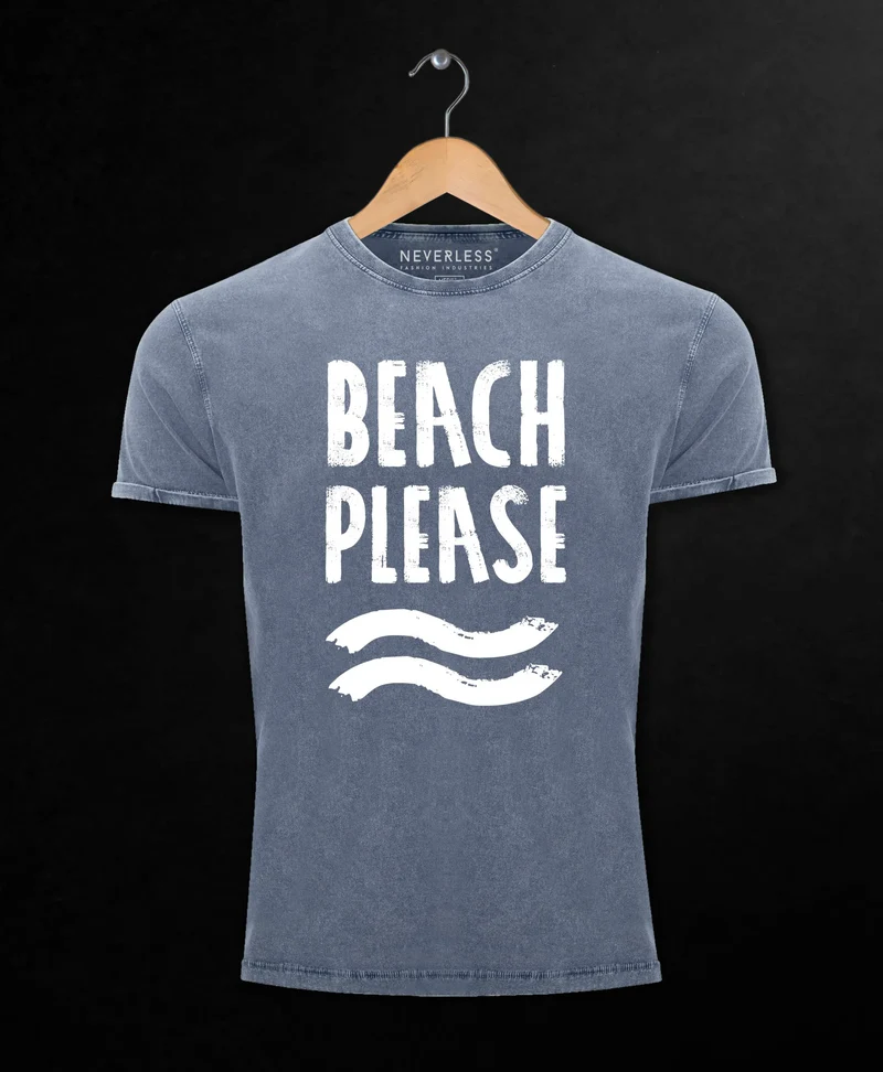 Cooles Angesagtes Herren T-Shirt Vintage Shirt Beach Please Urlaub Strand Aufdruck Used Look Slim Fit