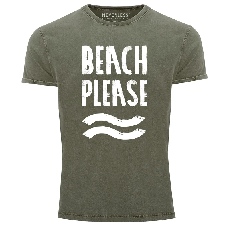 Cooles Angesagtes Herren T-Shirt Vintage Shirt Beach Please Urlaub Strand Aufdruck Used Look Slim Fit