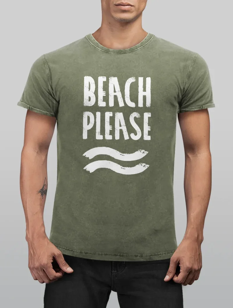 Cooles Angesagtes Herren T-Shirt Vintage Shirt Beach Please Urlaub Strand Aufdruck Used Look Slim Fit
