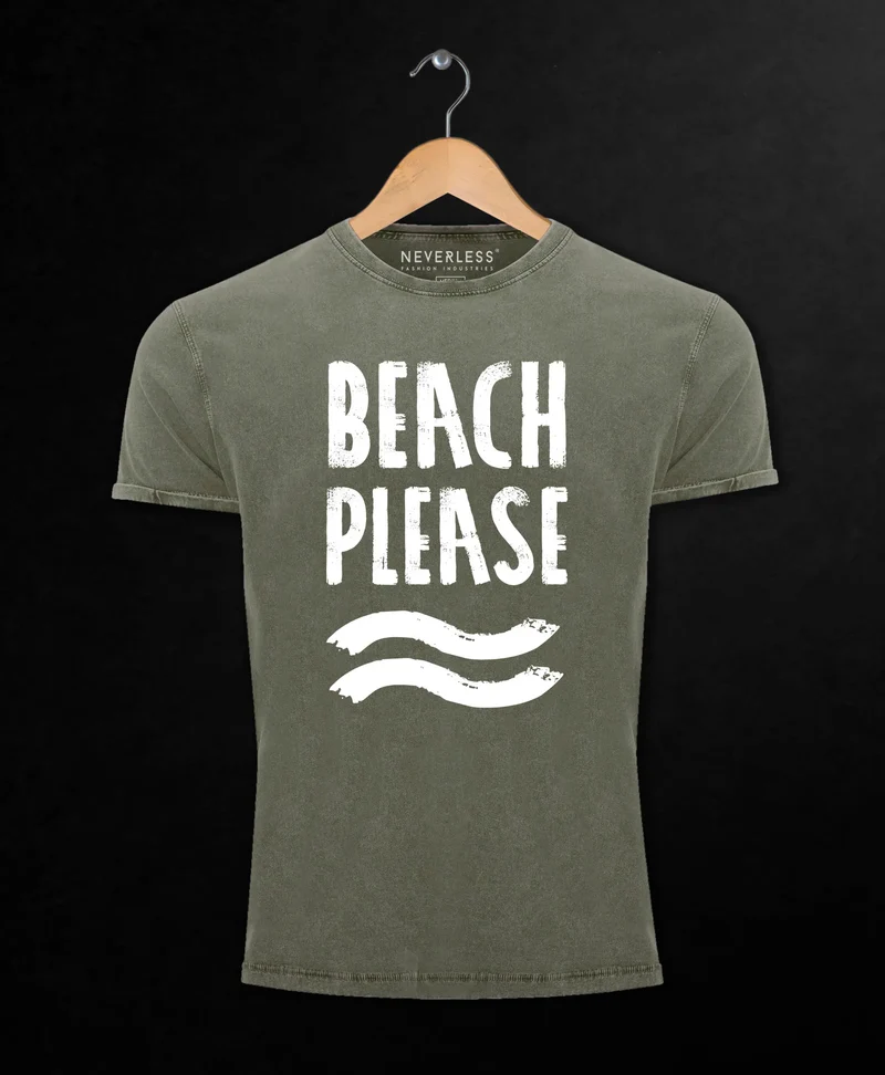 Cooles Angesagtes Herren T-Shirt Vintage Shirt Beach Please Urlaub Strand Aufdruck Used Look Slim Fit