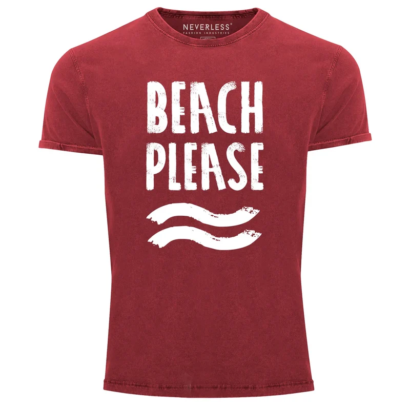 Cooles Angesagtes Herren T-Shirt Vintage Shirt Beach Please Urlaub Strand Aufdruck Used Look Slim Fit