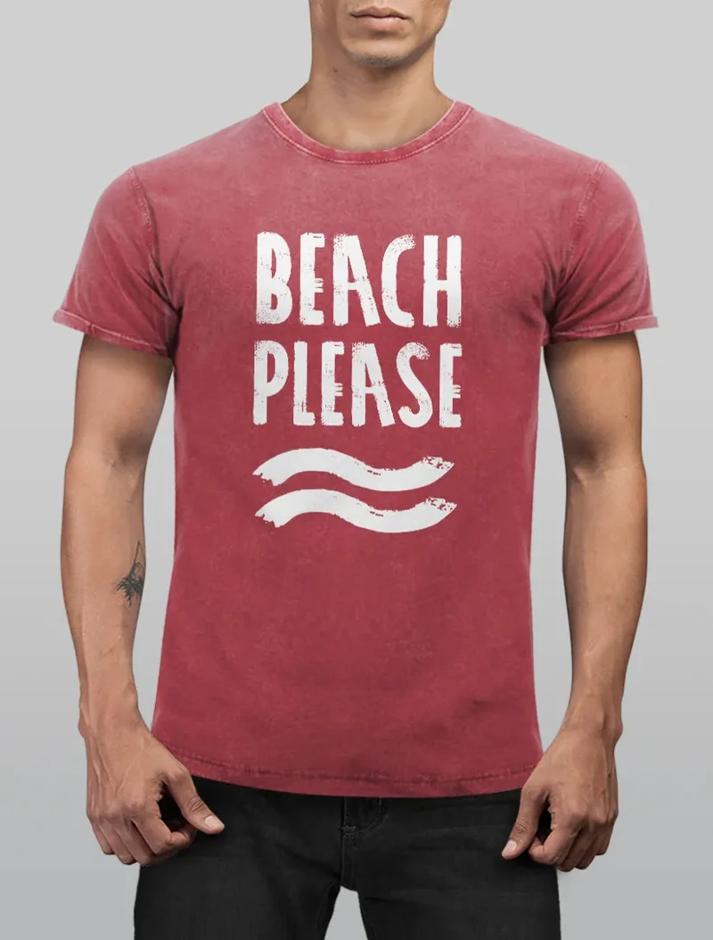 Cooles Angesagtes Herren T-Shirt Vintage Shirt Beach Please Urlaub Strand Aufdruck Used Look Slim Fit