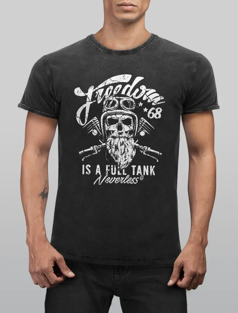 Cooles Angesagtes Herren T-Shirt Vintage Shirt Biker Spruch Motiv Totenkopf Aufdruck Used Look Slim Fit