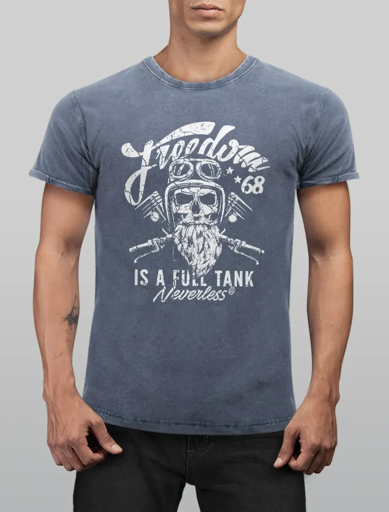 Cooles Angesagtes Herren T-Shirt Vintage Shirt Biker Spruch Motiv Totenkopf Aufdruck Used Look Slim Fit