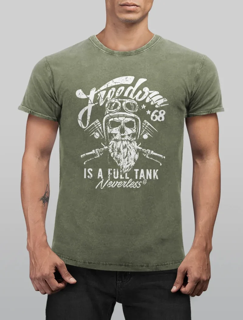 Cooles Angesagtes Herren T-Shirt Vintage Shirt Biker Spruch Motiv Totenkopf Aufdruck Used Look Slim Fit