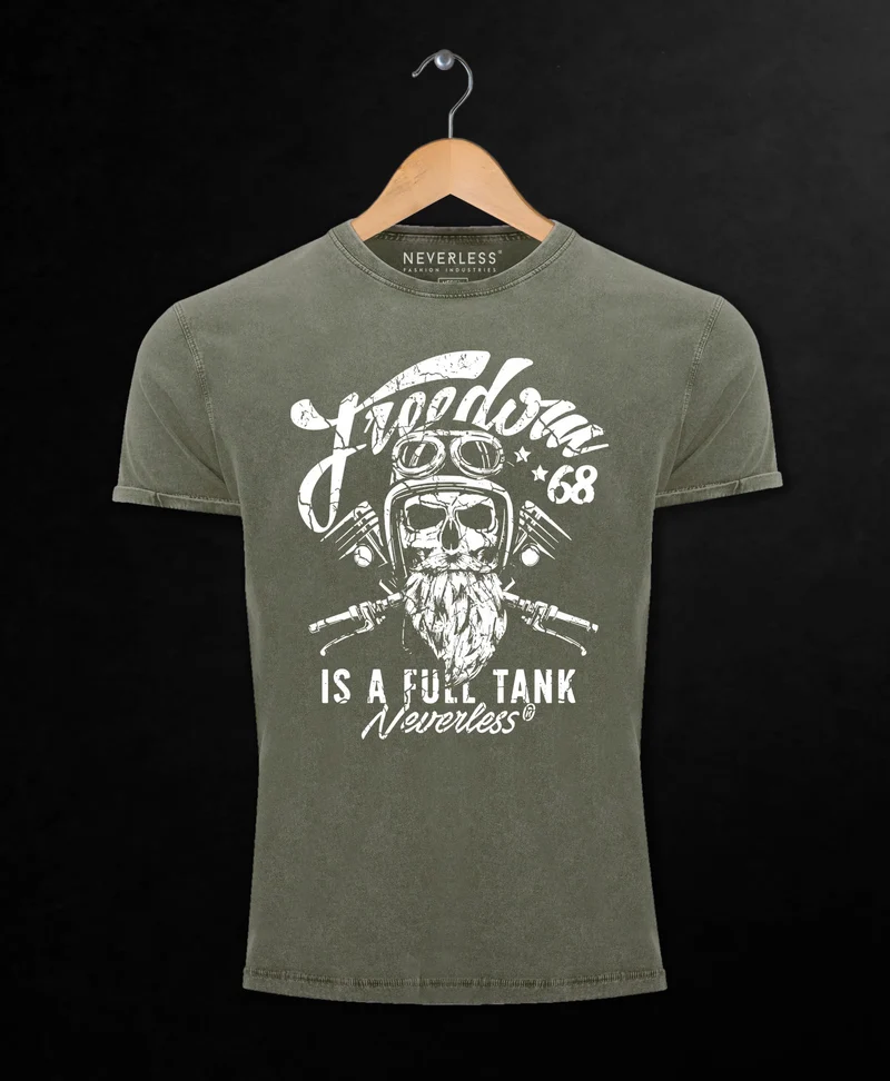 Cooles Angesagtes Herren T-Shirt Vintage Shirt Biker Spruch Motiv Totenkopf Aufdruck Used Look Slim Fit