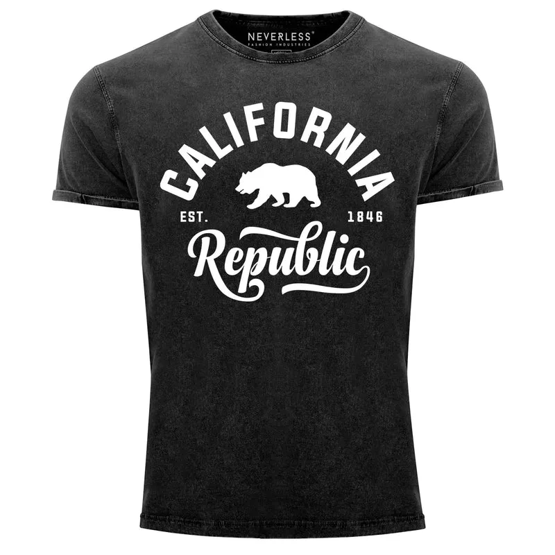 Cooles Angesagtes Herren T-Shirt Vintage Shirt California Republic Bär Aufdruck Used Look Slim Fit